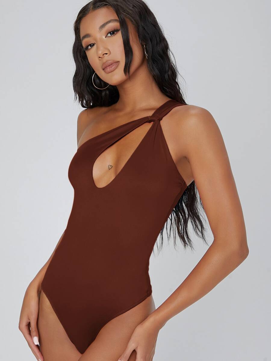 SHEIN BAE Cutout One-Shoulder Cheeky Bodysuit - Coffee Brown - View 1