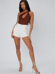 SHEIN BAE Cutout One-Shoulder Cheeky Bodysuit - Coffee Brown - View 5