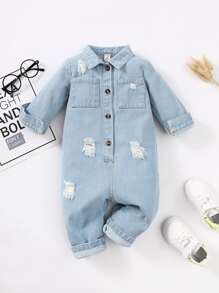 Baby Dual Pocket Ripped Shirt Denim Jumpsuit - Light Wash - View 1