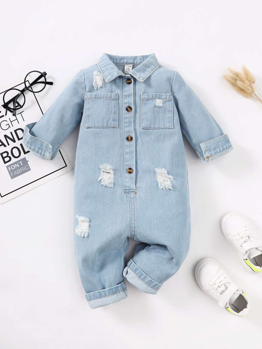 Baby Dual Pocket Ripped Shirt Denim Jumpsuit - Light Wash - View 1