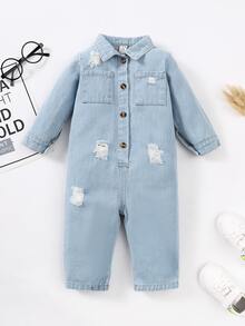 Baby Dual Pocket Ripped Shirt Denim Jumpsuit - Light Wash - View 5