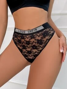 Rhinestone Letter Pattern Floral Lace No Show Panty - Black - View 5