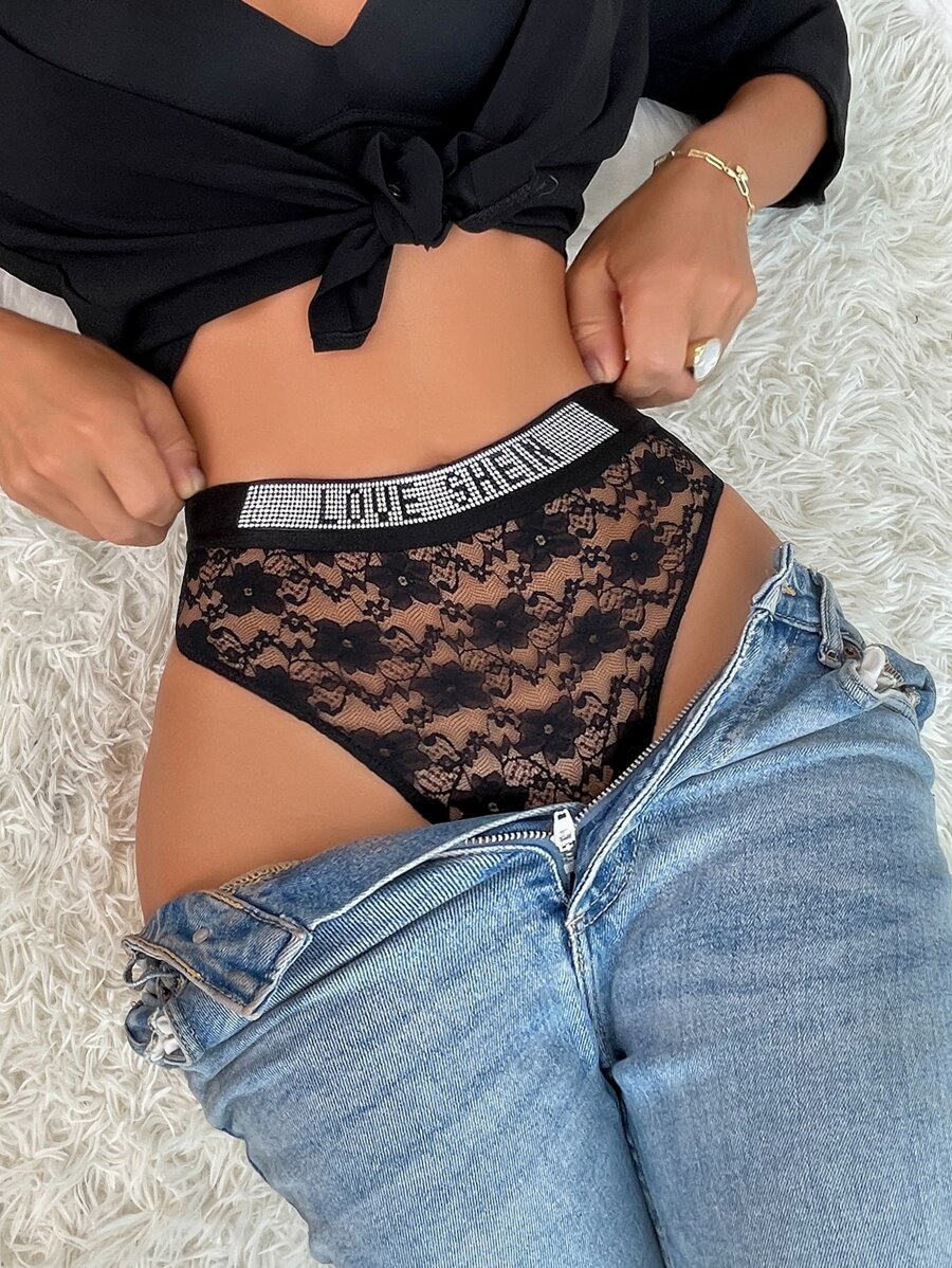 Rhinestone Letter Pattern Floral Lace No Show Panty - Black - View 1