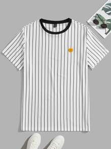 Manfinity VCAY 男士卡通貼布細節拼接領條紋圖案T恤 - 白色 - 查看 1