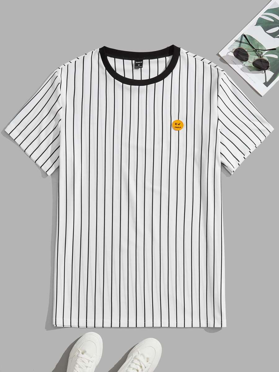 Manfinity VCAY 男士卡通貼布細節拼接領條紋圖案T恤 - 白色 - 查看 1