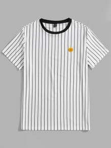 Manfinity VCAY 男士卡通貼布細節拼接領條紋圖案T恤 - 白色 - 查看 3