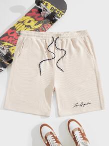 GENTILAND Hombres Shorts con bordado de letra de cintura con cordón - Beis - Ver 1