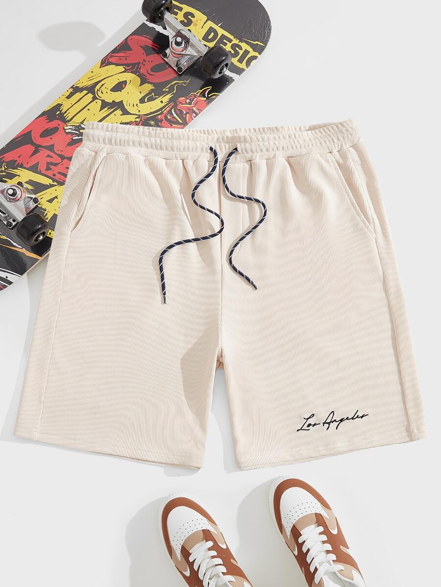 GENTILAND Hombres Shorts con bordado de letra de cintura con cordón - Beis - Ver 1