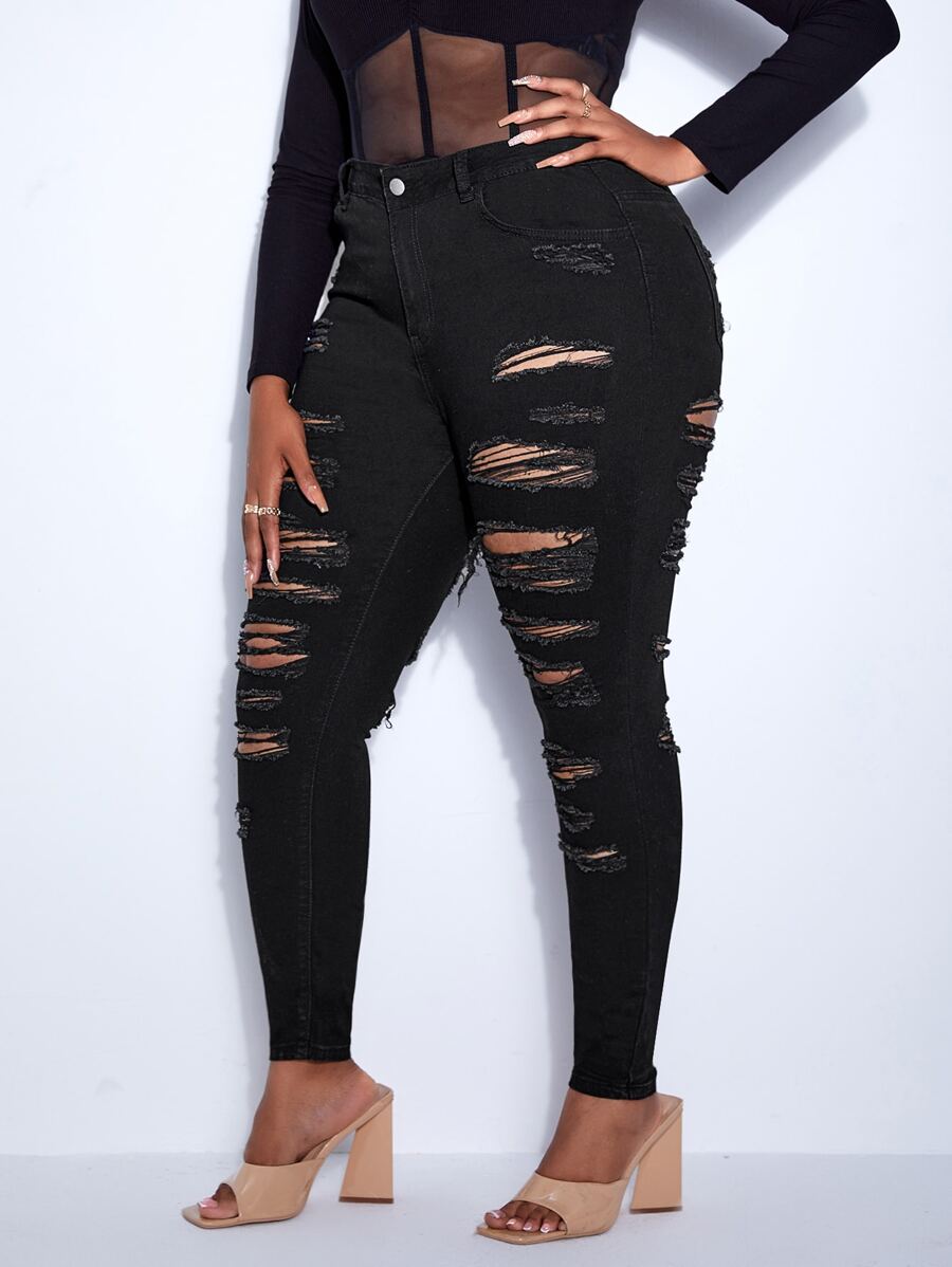 SHEIN SXY Cut Out Ripped Frayed Skinny Jeans - Black - View 1