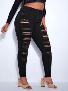 SHEIN SXY Cut Out Ripped Frayed Skinny Jeans - Black - View 3