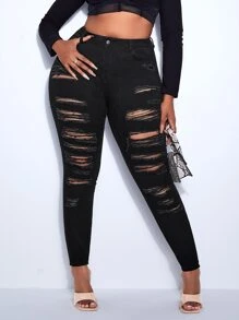 SHEIN SXY Cut Out Ripped Frayed Skinny Jeans - Black - View 5