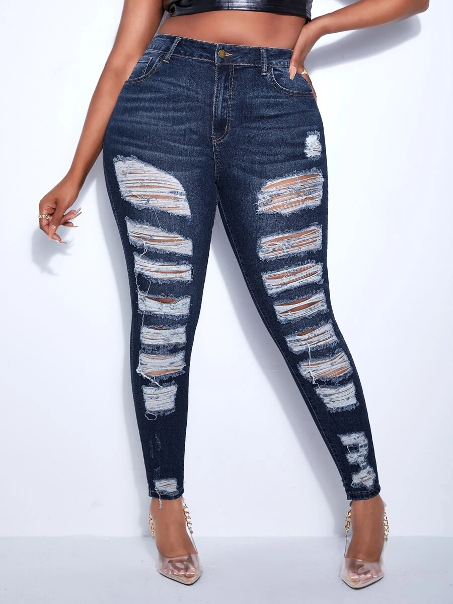 SHEIN SXY Plus Ripped Skinny Jeans - Dark Wash - View 1