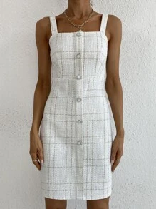 Chiquease 格紋粗花呢吊帶連衣裙和西裝領花呢外套 - 白色 - 查看 6