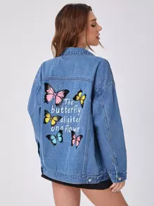 Butterfly & Slogan Graphic Drop Shoulder Denim Jacket - Medium Wash - View 1