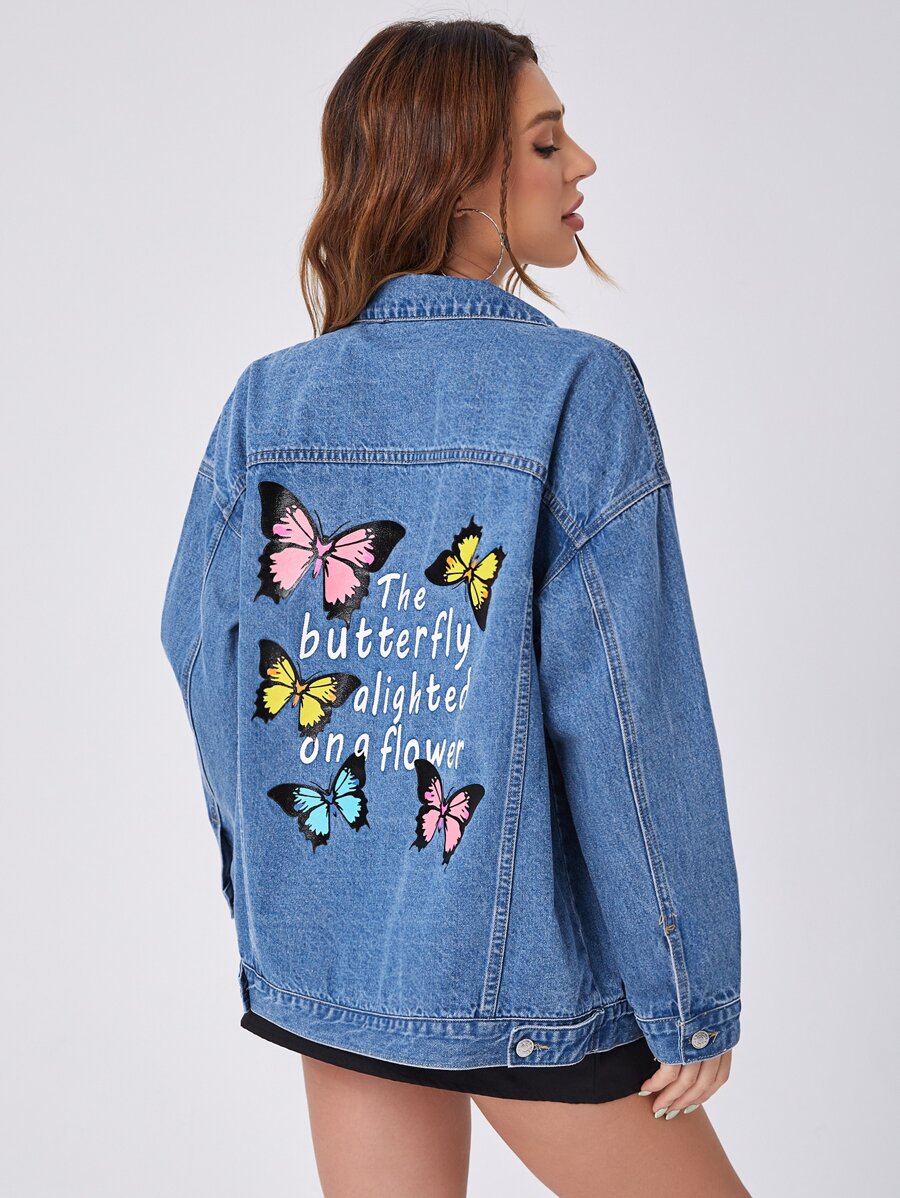 Butterfly & Slogan Graphic Drop Shoulder Denim Jacket - Medium Wash - View 1