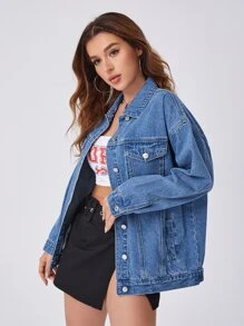 Butterfly & Slogan Graphic Drop Shoulder Denim Jacket - Medium Wash - View 4