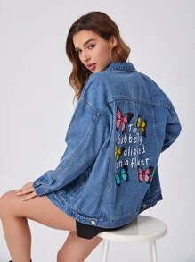 Butterfly & Slogan Graphic Drop Shoulder Denim Jacket - Medium Wash - View 2