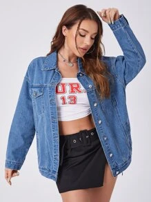 Butterfly & Slogan Graphic Drop Shoulder Denim Jacket - Medium Wash - View 6