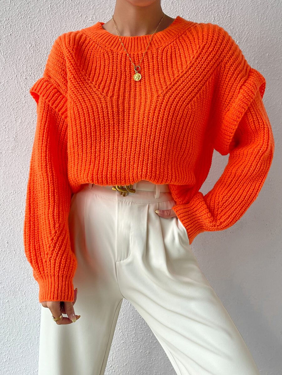 SHEIN Essnce Jersey tejido de canalé de hombros caídos - Naranja - Ver 1