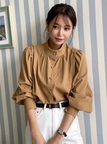 DAZY Bishop Sleeve Button Up Shirt Long Sleeve Women - Brown - View 1