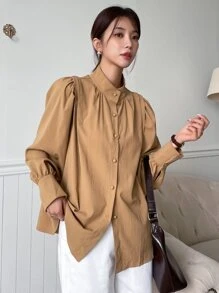 DAZY Bishop Sleeve Button Up Shirt Long Sleeve Women - Brown - View 2