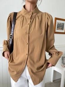 DAZY Bishop Sleeve Button Up Shirt Long Sleeve Women - Brown - View 5
