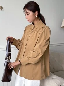 DAZY Bishop Sleeve Button Up Shirt Long Sleeve Women - Brown - View 6