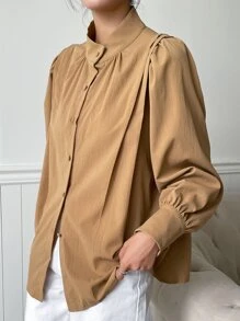 DAZY Bishop Sleeve Button Up Shirt Long Sleeve Women - Brown - View 7