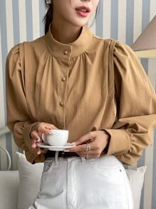 DAZY Bishop Sleeve Button Up Shirt Long Sleeve Women - Brown - View 8