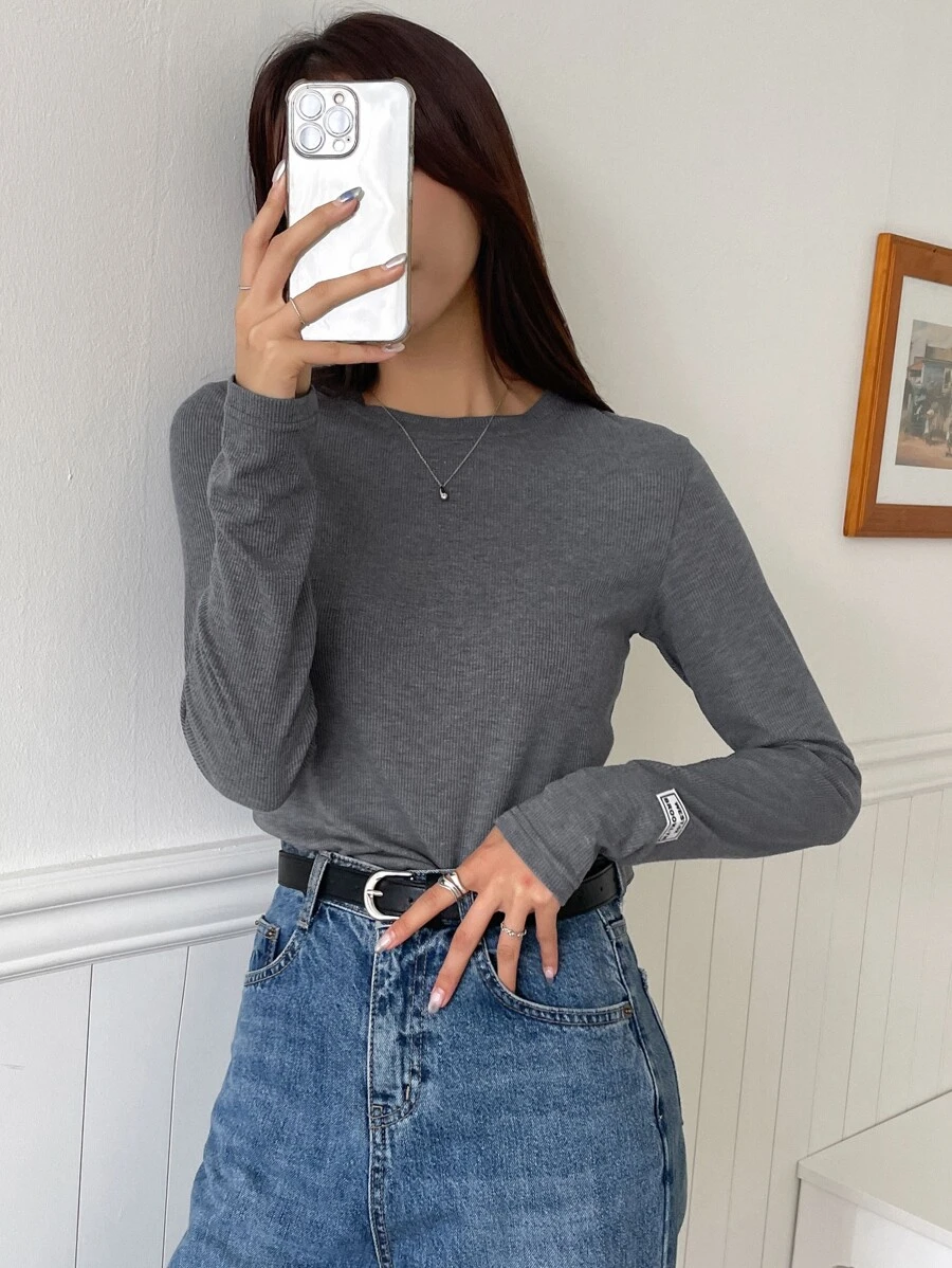 DAZY 字母拼布罗纹针织长袖 T 恤 - 深灰色 - 查看 1