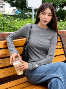 DAZY 字母拼布罗纹针织长袖 T 恤 - 深灰色 - 查看 4