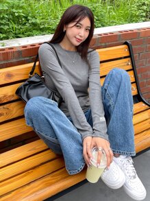 DAZY 字母拼布罗纹针织长袖 T 恤 - 深灰色 - 查看 5