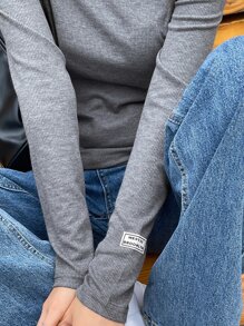 DAZY 字母拼布罗纹针织长袖 T 恤 - 深灰色 - 查看 6