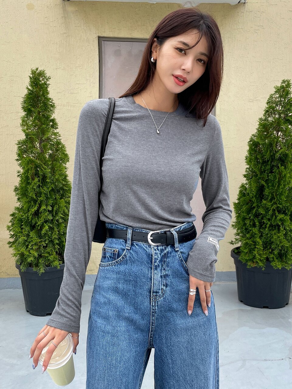 Letter Patched Rib-Knit Tee Long Sleeve Top