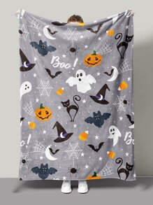 1pc Halloween Ghost & Hat Print Blanket - Multicolor - View 1