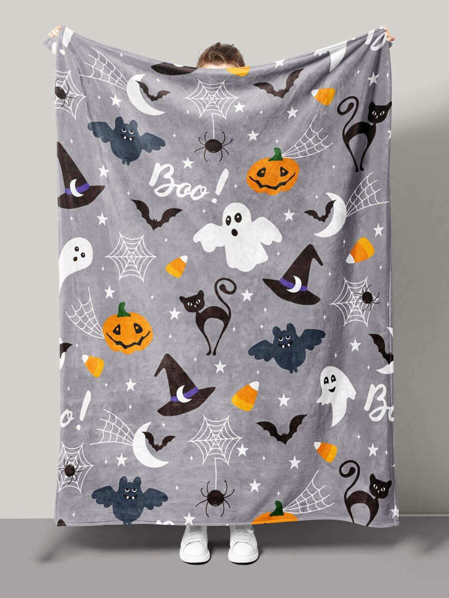 1pc Halloween Ghost & Hat Print Blanket - Multicolor - View 1