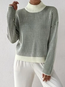 SHEIN Essnce Stripe Pattern Mock Neck Drop Shoulder Sweater