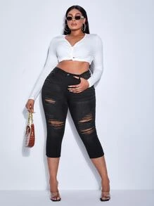 SHEIN SXY Plus High Waist Ripped Skinny Capri Jeans - Black - View 5