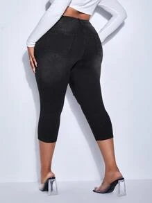 SHEIN SXY Plus High Waist Ripped Skinny Capri Jeans - Black - View 2