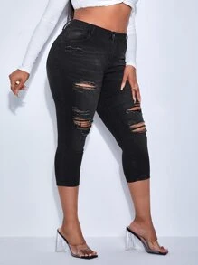 SHEIN SXY Plus High Waist Ripped Skinny Capri Jeans - Black - View 3