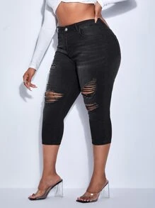 SHEIN SXY Plus High Waist Ripped Skinny Capri Jeans - Black - View 4