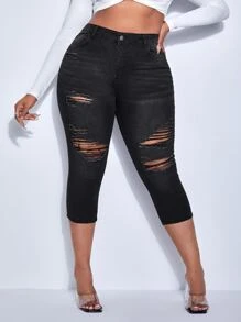 SHEIN SXY Plus High Waist Ripped Skinny Capri Jeans - Black - View 1