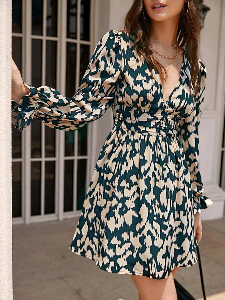 SHEIN Frenchy Allover Print Flounce Sleeve Dress - Dark Green - View 1