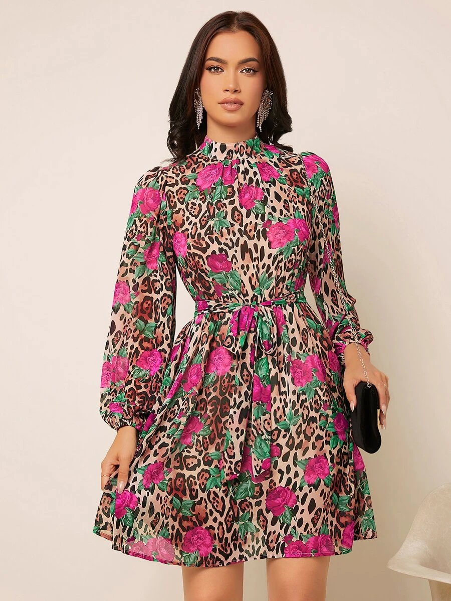 SHEIN Clasi Đầm Thắt lưng Hoa In hoa Báo Thanh lịch - Nhiều màu - Xem 1