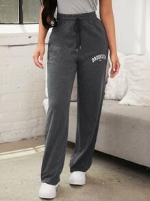 字母图案抽绳腰家居裤，秋冬款，舒适 - 灰色 - 查看 3