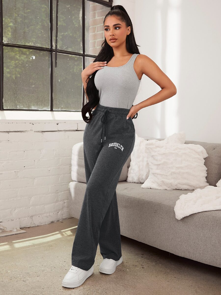 字母图案抽绳腰家居裤，秋冬款，舒适 - 灰色 - 查看 1