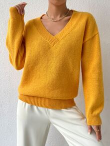 V Neck Drop Shoulder Jumper - Yellow - View 6