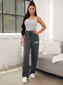 字母图案抽绳腰家居裤，秋冬款，舒适 - 灰色 - 查看 4