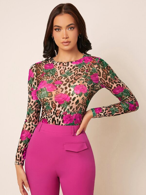 SHEIN Privé Top con estampado floral de leopardo de malla
