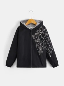 SHEIN 男孩幾何印花毛絨內襯連帽外套